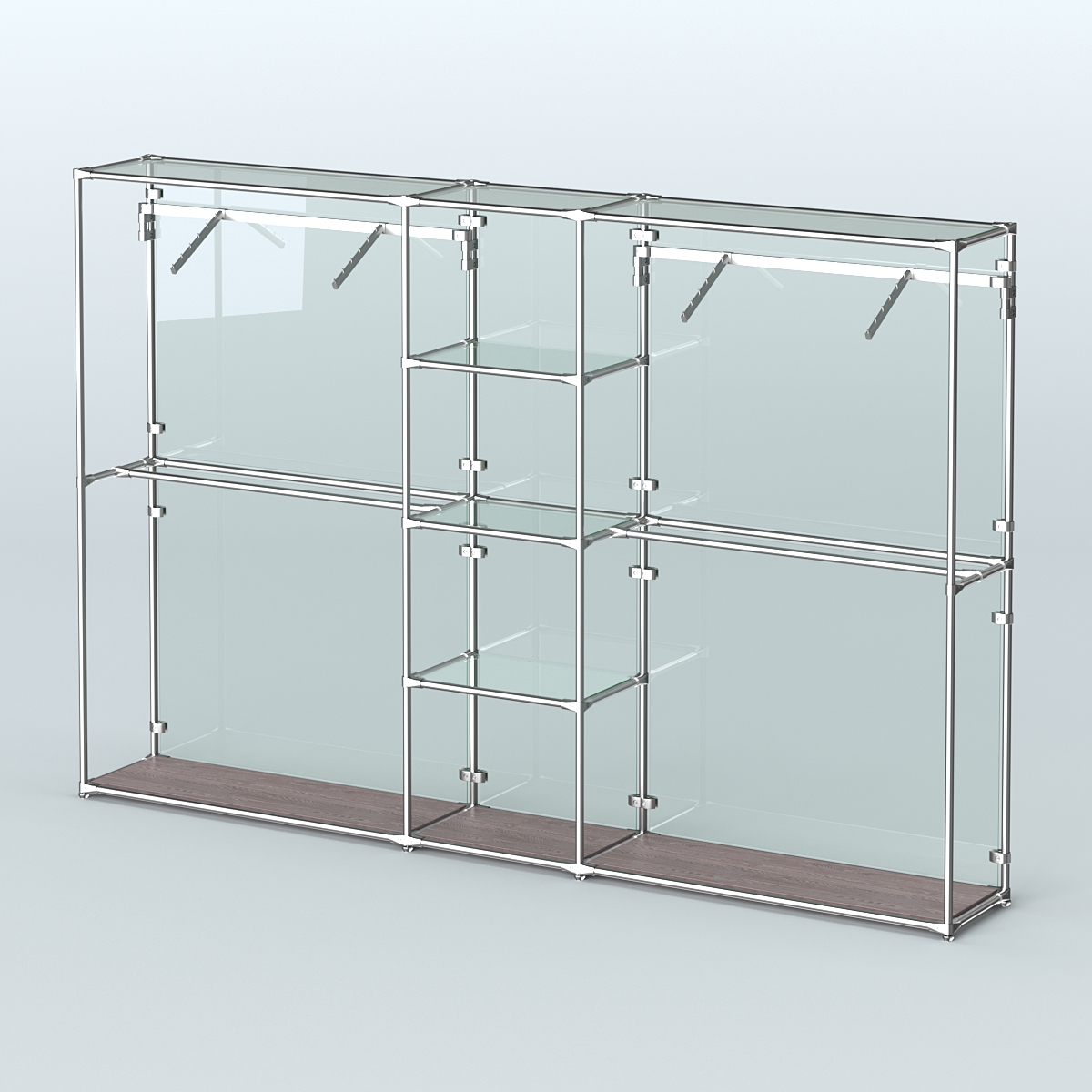 Торговая система ХРОМ (задняя стенка - стекло) 3030 мм с прозрачными полками и поручнями №12 Ясень Анкор темный