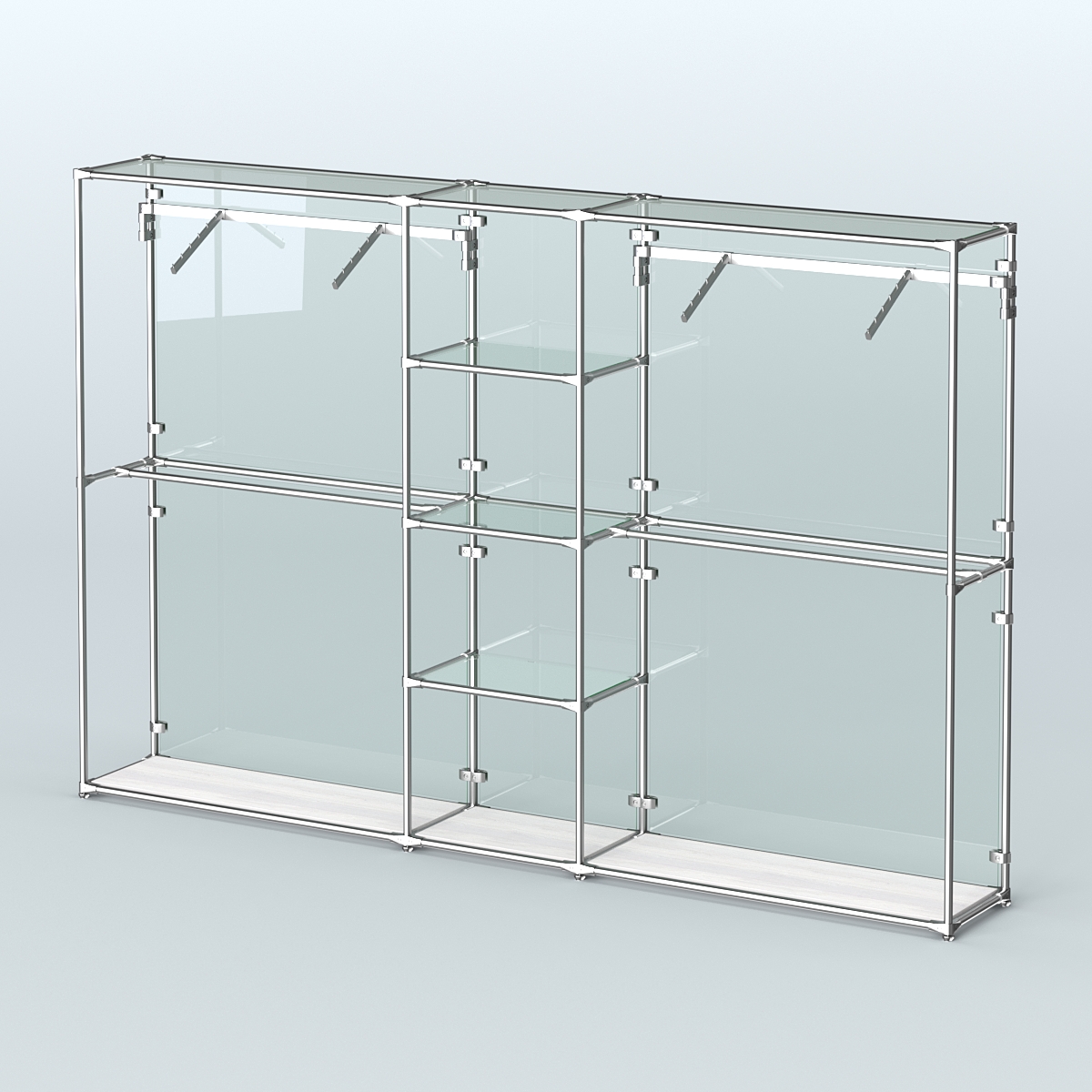 Торговая система ХРОМ (задняя стенка - стекло) 3030 мм с прозрачными полками и поручнями №12 Ясень Анкор светлый