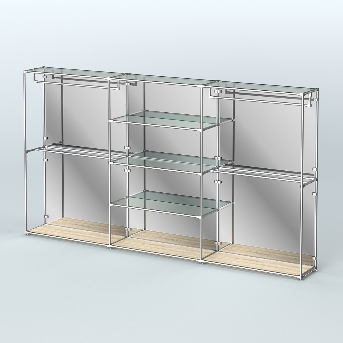 Торговая система ХРОМ (задняя стенка - зеркало) 3600 мм с прозрачными полками и поручнями №2 Дуб Сонома