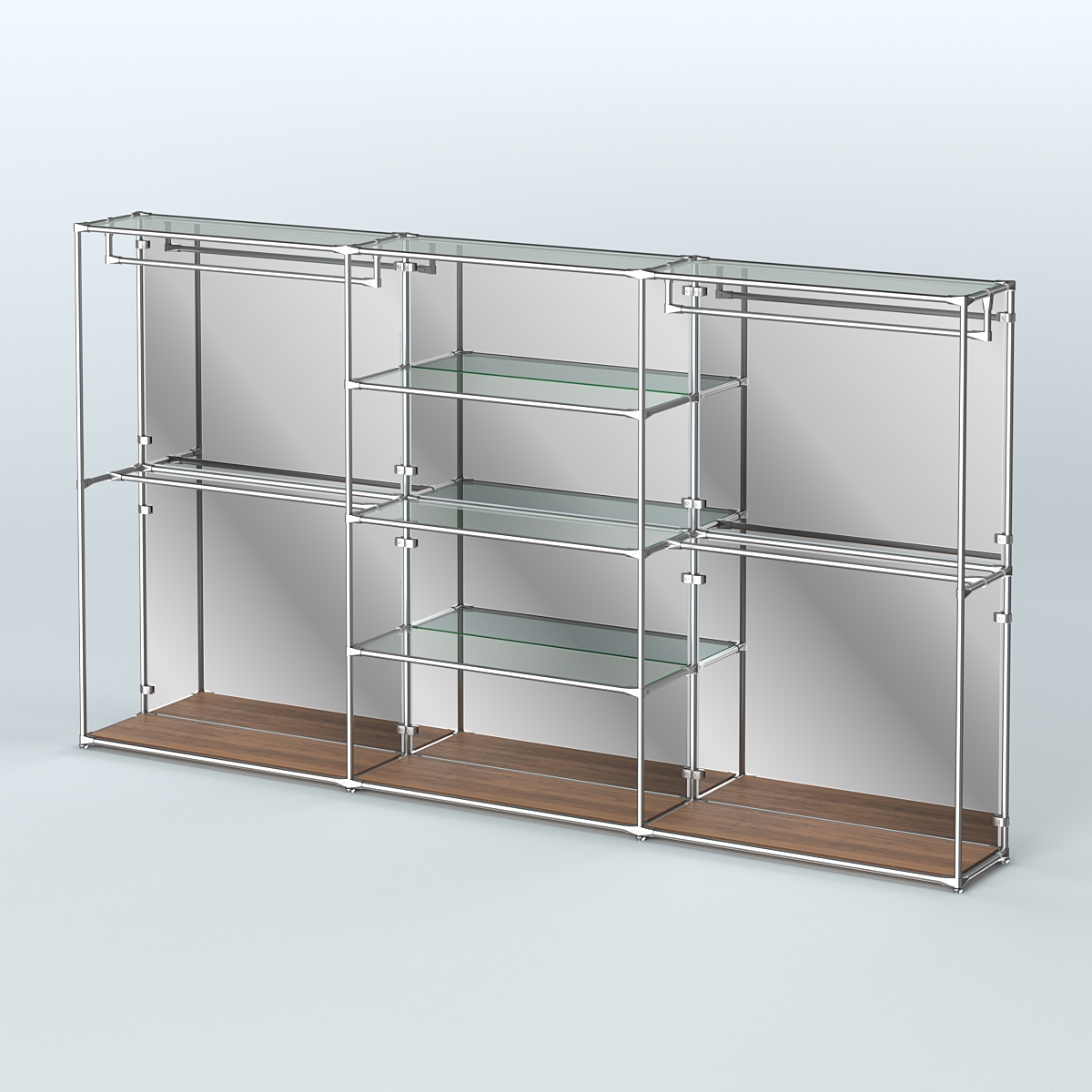 Торговая система ХРОМ (задняя стенка - зеркало) 3600 мм с прозрачными полками и поручнями №2 Орех