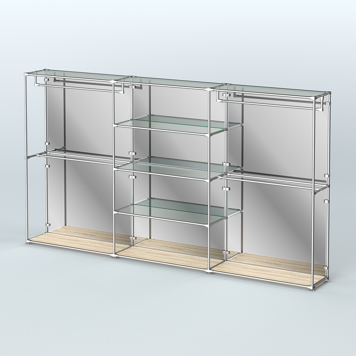 Торговая система ХРОМ (задняя стенка - зеркало) 3600 мм с прозрачными полками и поручнями №2 Крем Вайс