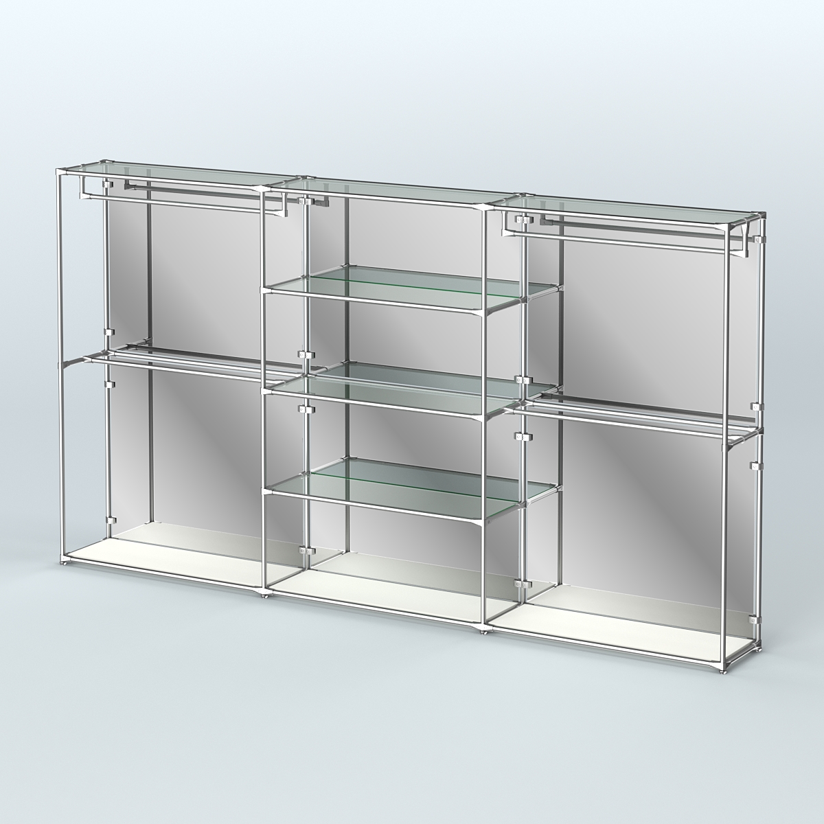Торговая система ХРОМ (задняя стенка - зеркало) 3600 мм с прозрачными полками и поручнями №2 Белый