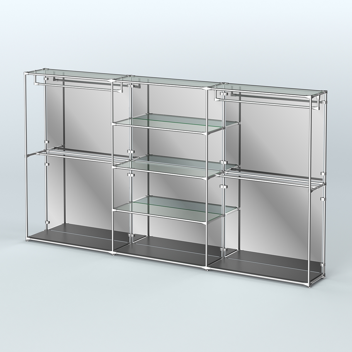 Торговая система ХРОМ (задняя стенка - зеркало) 3600 мм с прозрачными полками и поручнями №2 Черный