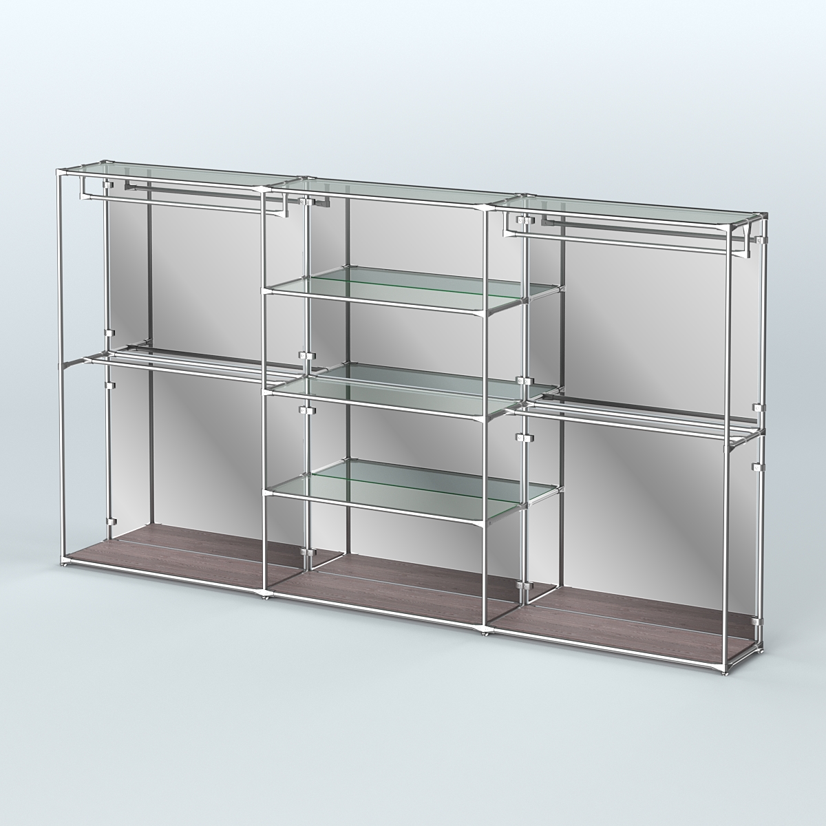 Торговая система ХРОМ (задняя стенка - зеркало) 3600 мм с прозрачными полками и поручнями №2 Ясень Анкор темный