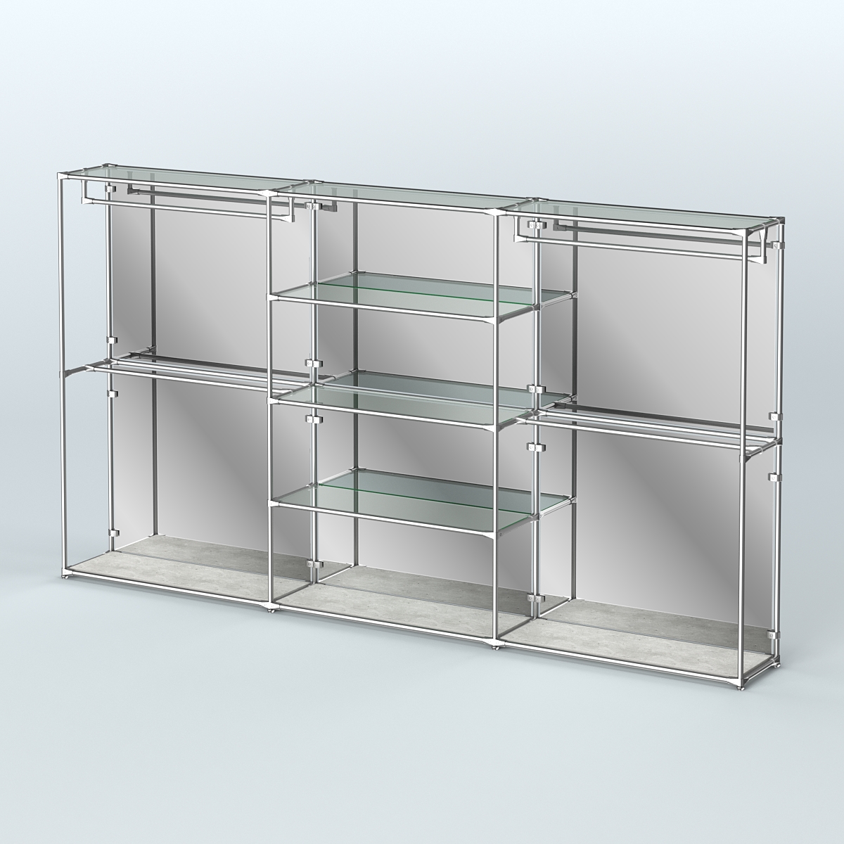 Торговая система ХРОМ (задняя стенка - зеркало) 3600 мм с прозрачными полками и поручнями №2 Метрополитан Грей