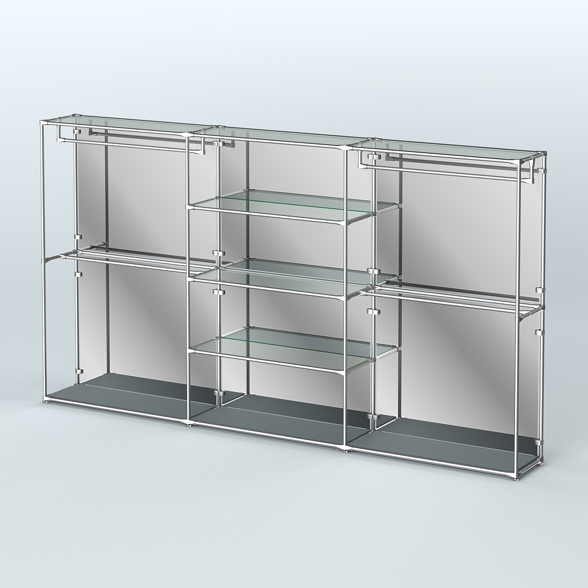 Торговая система ХРОМ (задняя стенка - зеркало) 3600 мм с прозрачными полками и поручнями №2 Темно-Серый