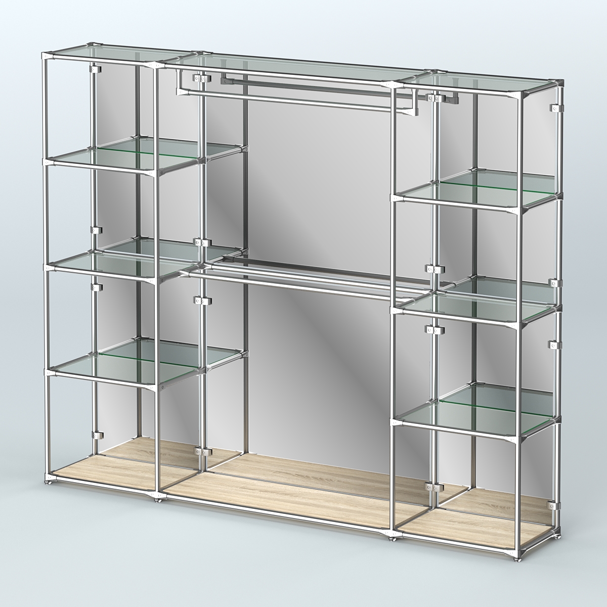 Торговая система ХРОМ (задняя стенка - зеркало) 2430 мм с прозрачными полками и поручнями №3 Дуб Сонома