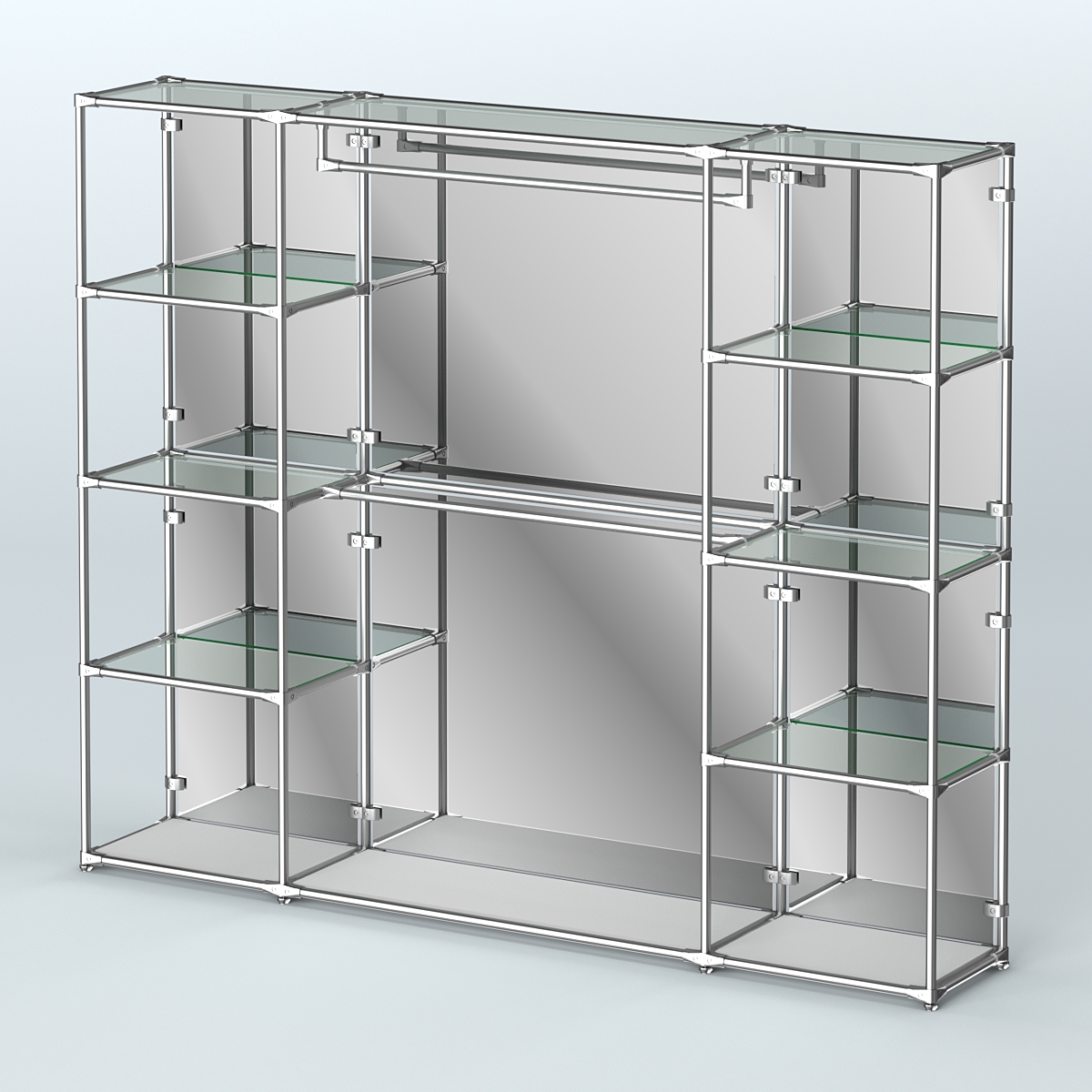 Торговая система ХРОМ (задняя стенка - зеркало) 2430 мм с прозрачными полками и поручнями №3 Серый