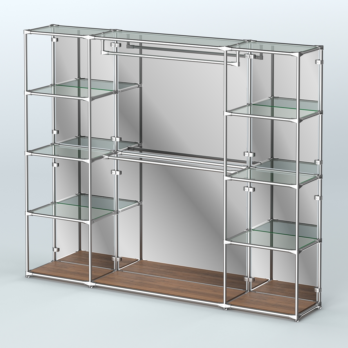 Торговая система ХРОМ (задняя стенка - зеркало) 2430 мм с прозрачными полками и поручнями №3 Орех