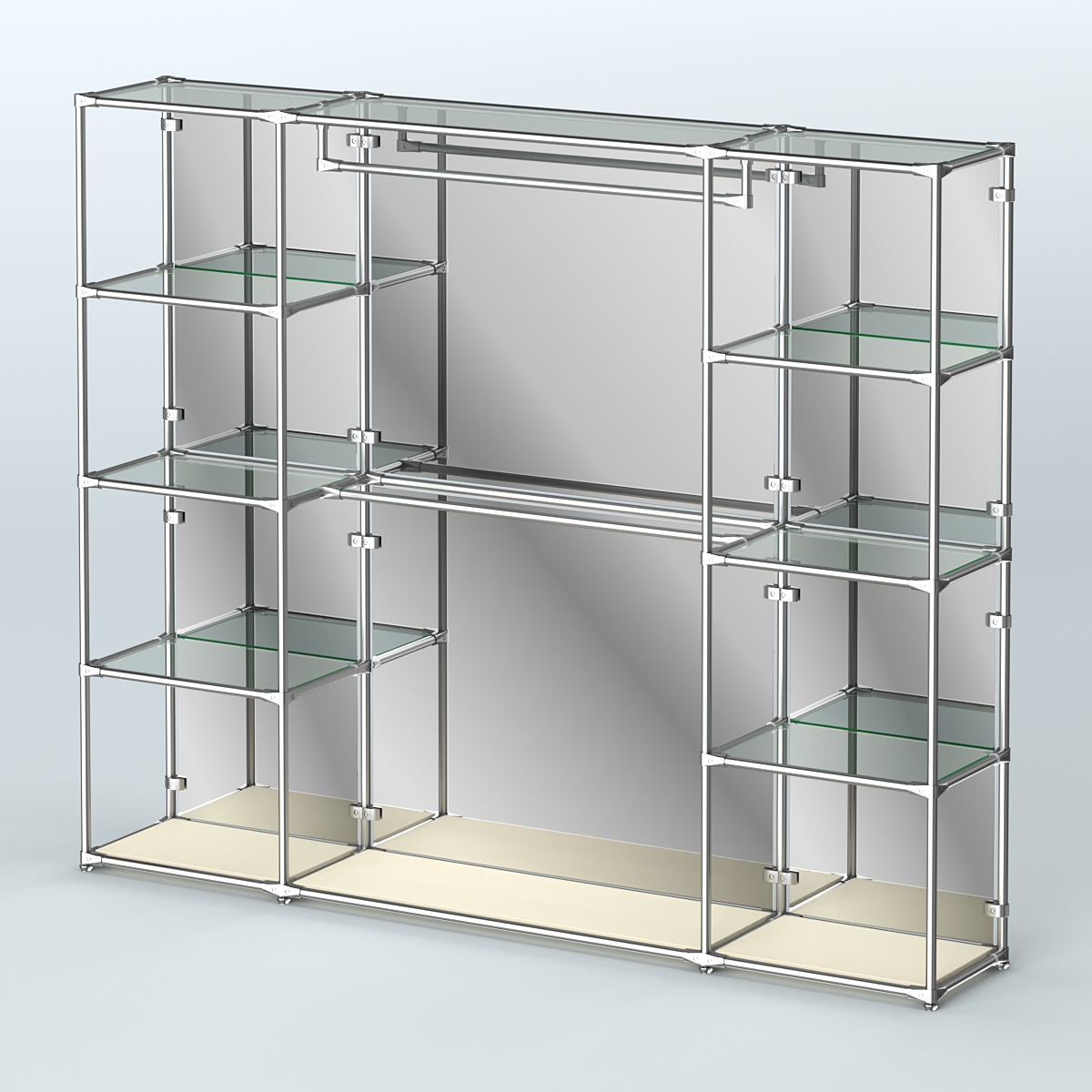 Торговая система ХРОМ (задняя стенка - зеркало) 2430 мм с прозрачными полками и поручнями №3 Крем Вайс