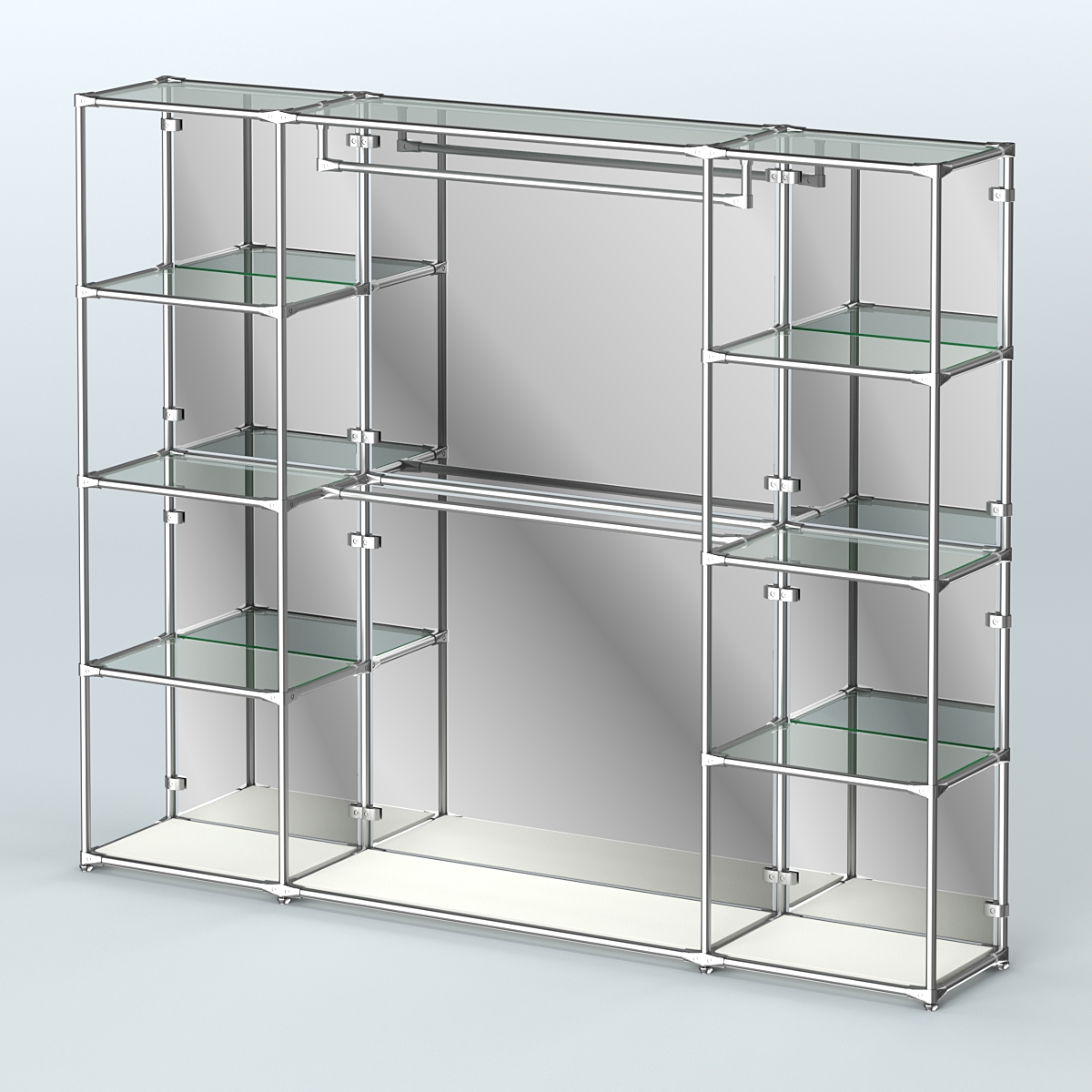 Торговая система ХРОМ (задняя стенка - зеркало) 2430 мм с прозрачными полками и поручнями №3 Белый