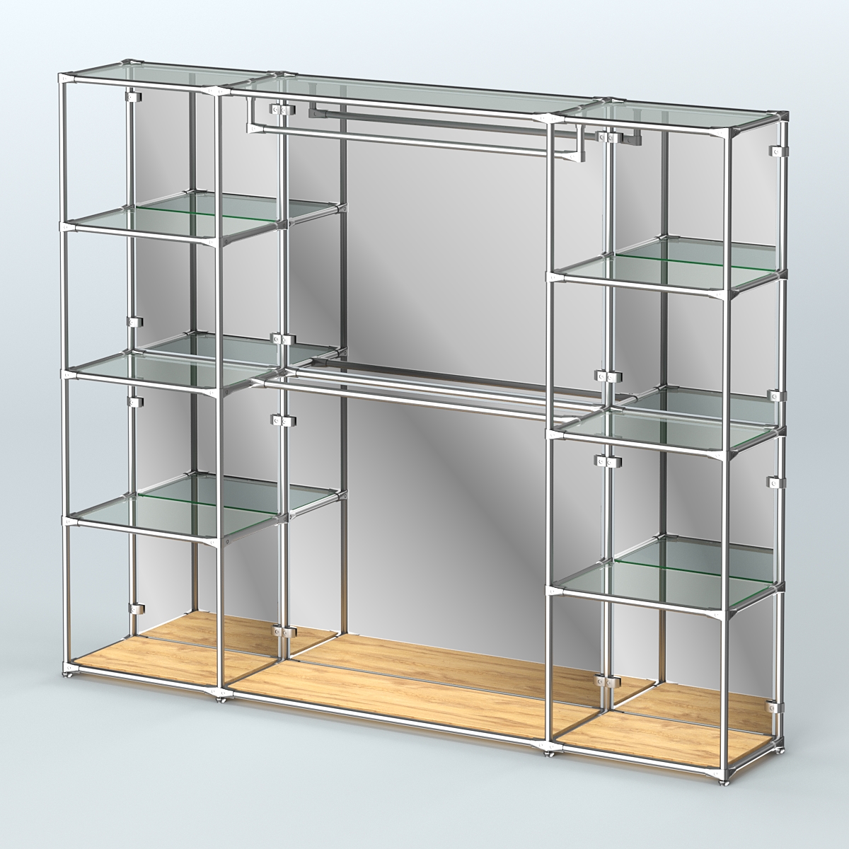 Торговая система ХРОМ (задняя стенка - зеркало) 2430 мм с прозрачными полками и поручнями №3 Дуб Золотистый