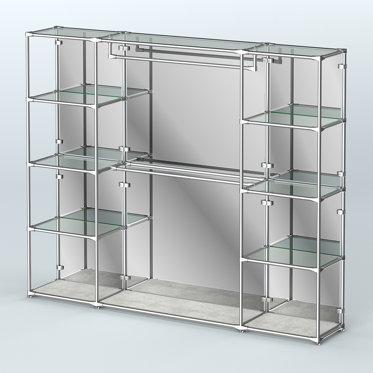 Торговая система ХРОМ (задняя стенка - зеркало) 2430 мм с прозрачными полками и поручнями №3 Метрополитан Грей