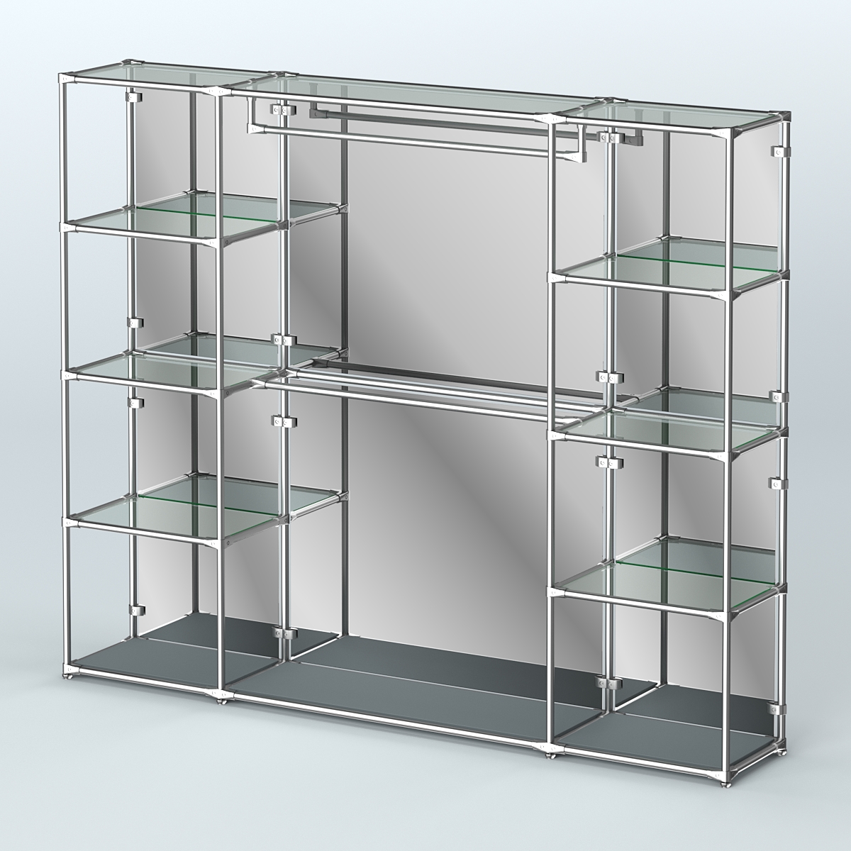 Торговая система ХРОМ (задняя стенка - зеркало) 2430 мм с прозрачными полками и поручнями №3 Темно-Серый