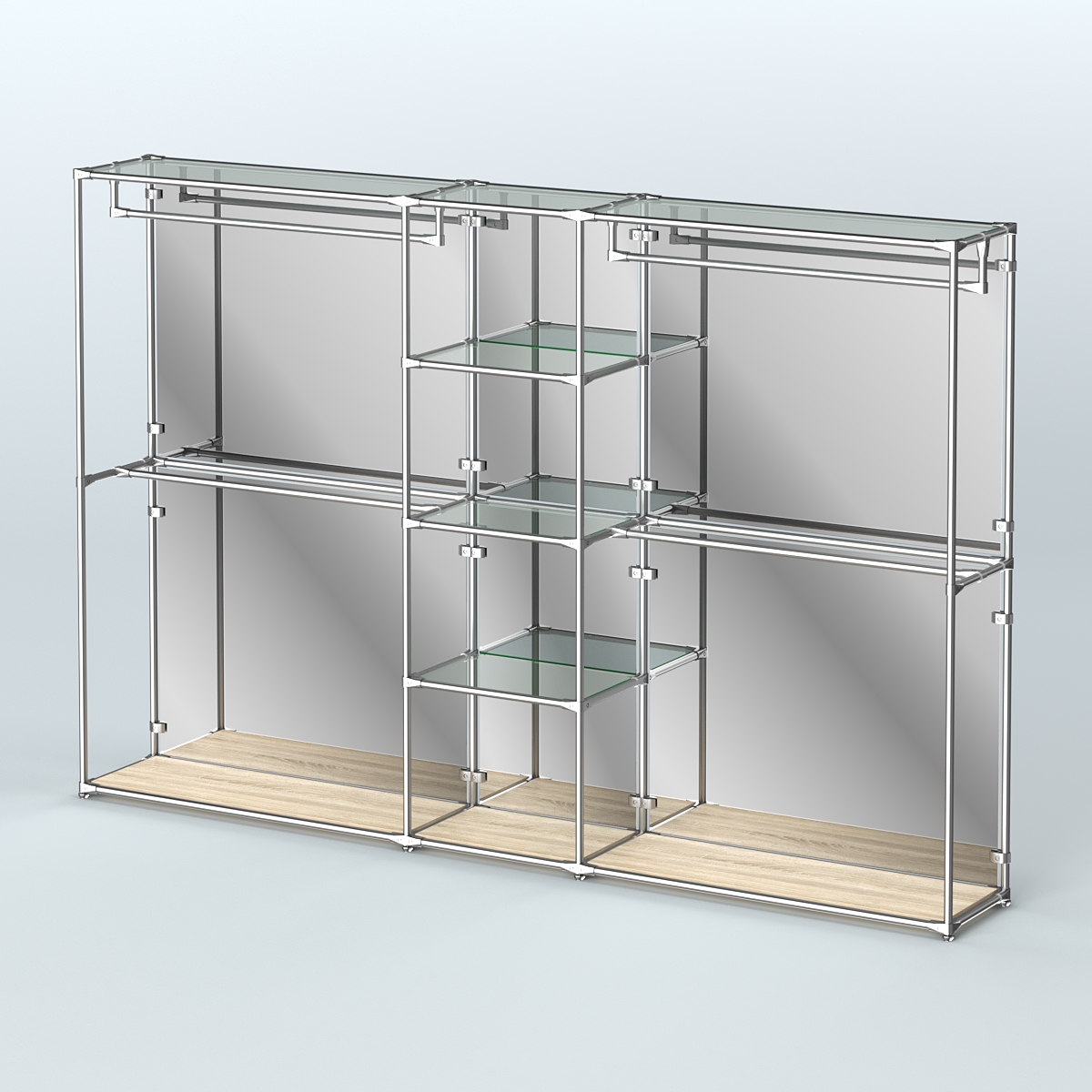 Торговая система ХРОМ (задняя стенка - зеркало) 3030 мм с прозрачными полками и поручнями №4 Дуб Сонома