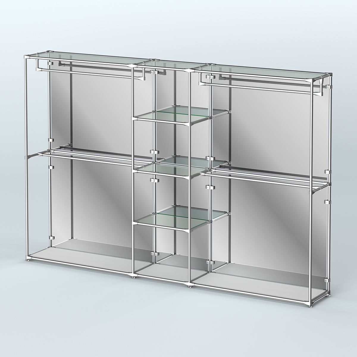 Торговая система ХРОМ (задняя стенка - зеркало) 3030 мм с прозрачными полками и поручнями №4 Серый