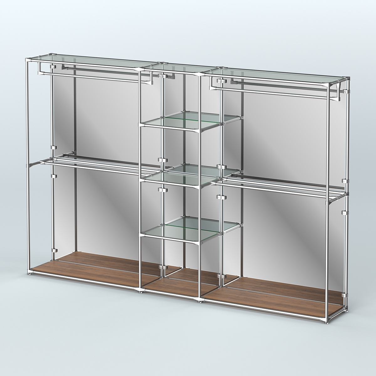 Торговая система ХРОМ (задняя стенка - зеркало) 3030 мм с прозрачными полками и поручнями №4 Орех