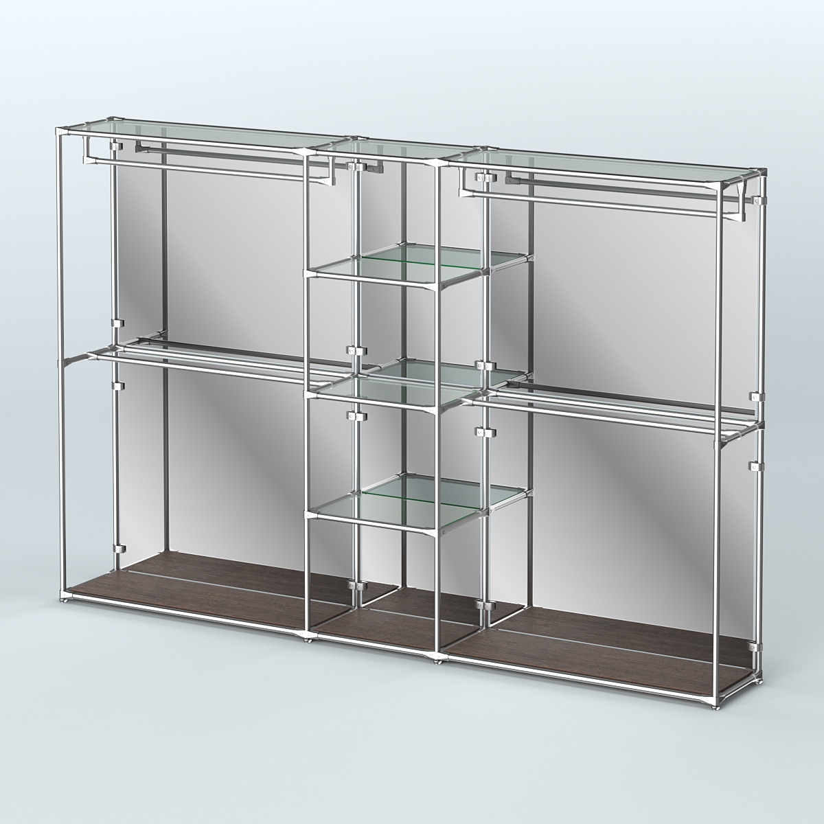 Торговая система ХРОМ (задняя стенка - зеркало) 3030 мм с прозрачными полками и поручнями №4 Дуб Венге