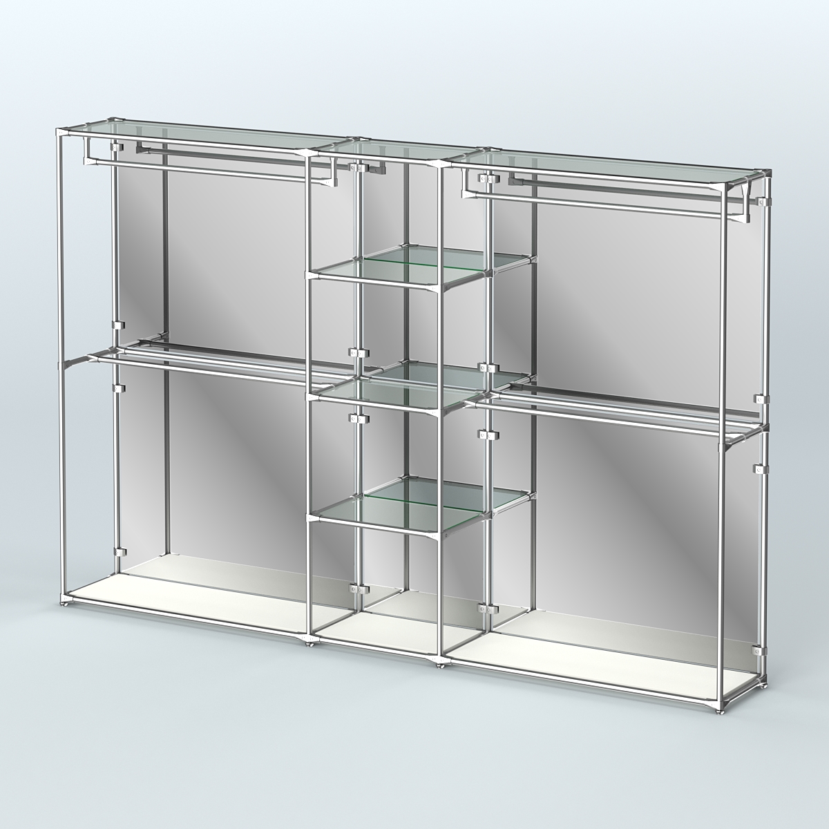 Торговая система ХРОМ (задняя стенка - зеркало) 3030 мм с прозрачными полками и поручнями №4 Белый