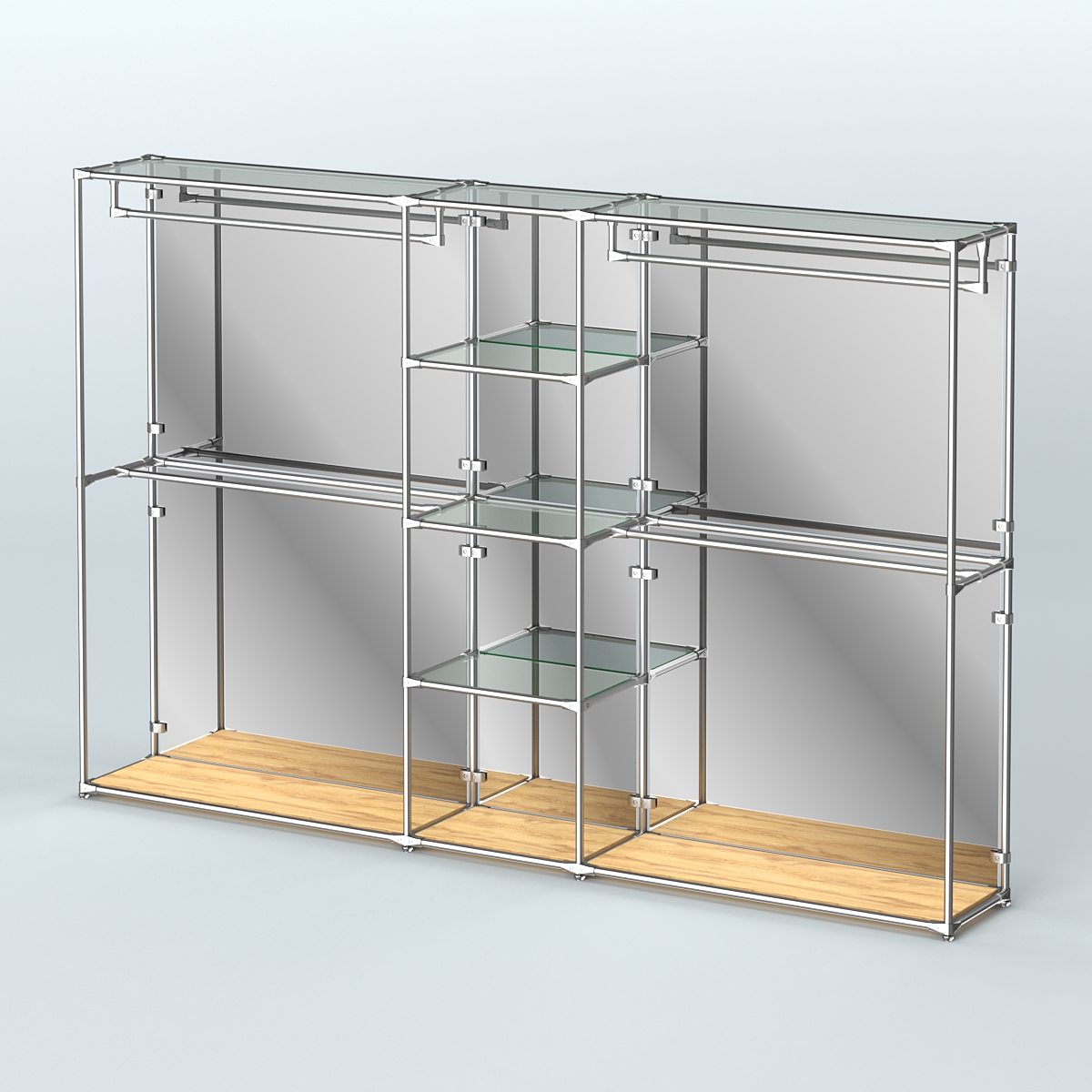 Торговая система ХРОМ (задняя стенка - зеркало) 3030 мм с прозрачными полками и поручнями №4 Дуб Золотистый
