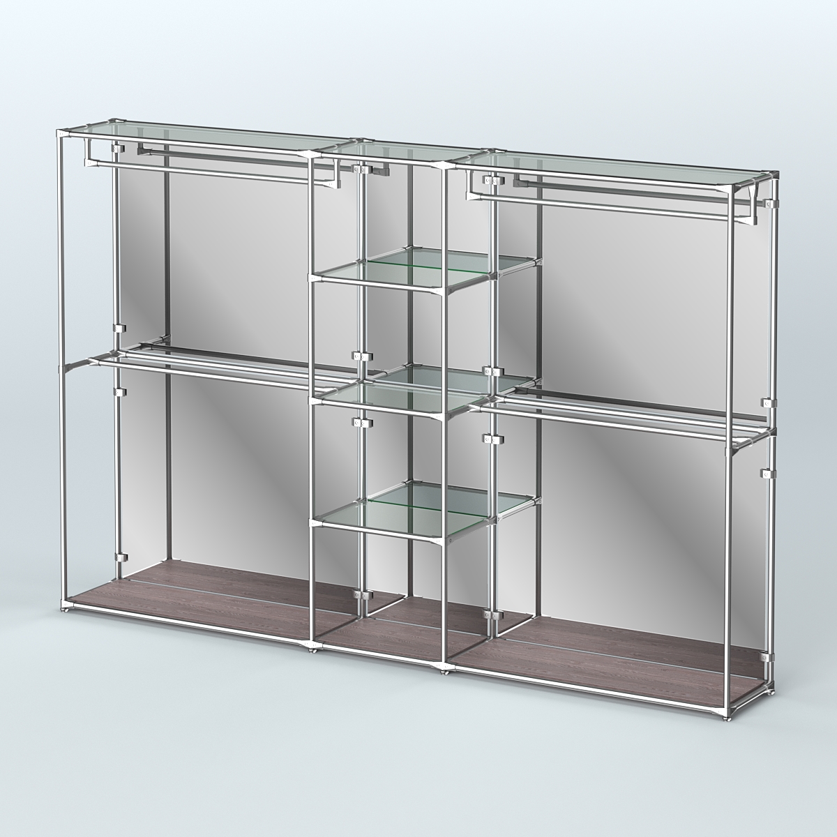 Торговая система ХРОМ (задняя стенка - зеркало) 3030 мм с прозрачными полками и поручнями №4 Ясень Анкор темный