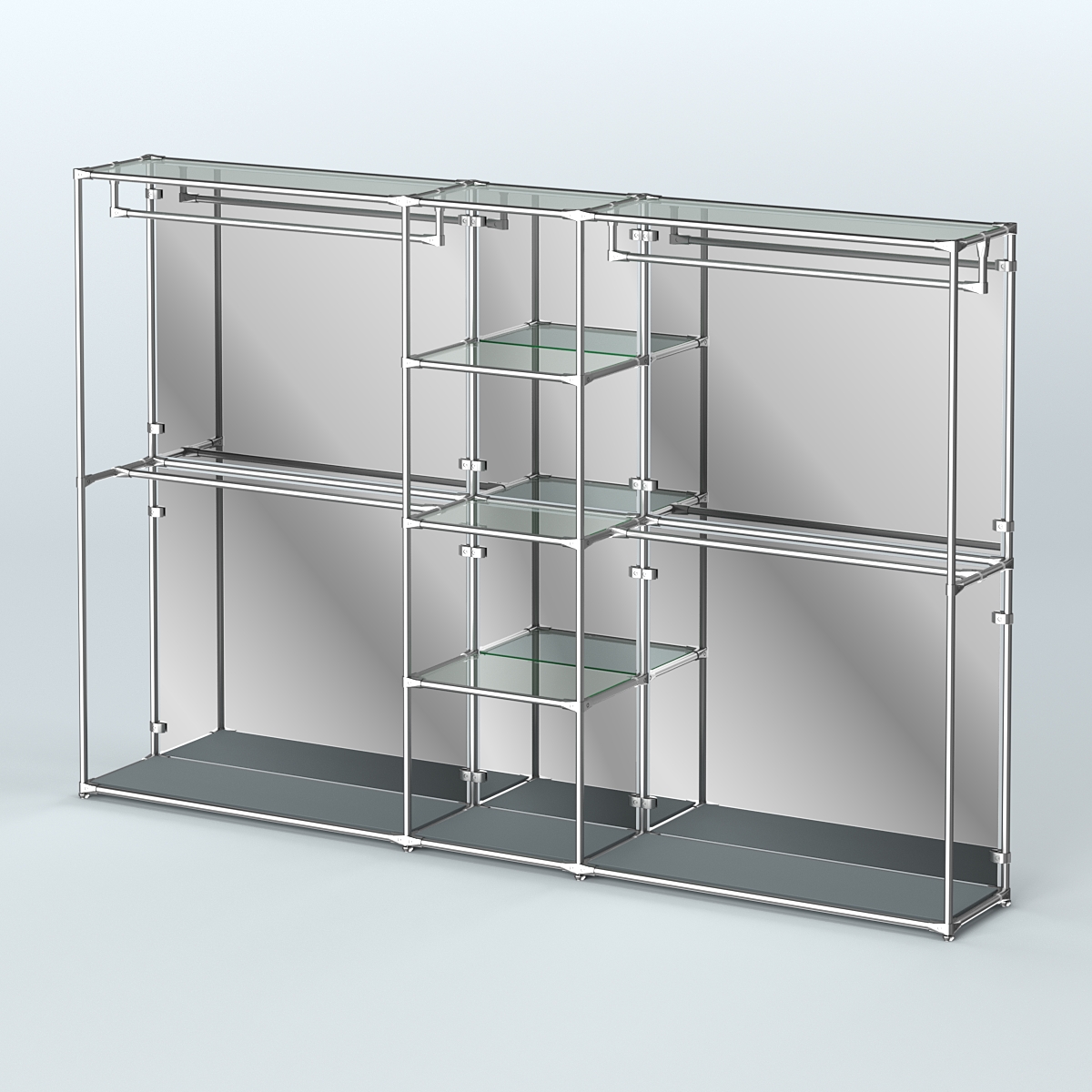 Торговая система ХРОМ (задняя стенка - зеркало) 3030 мм с прозрачными полками и поручнями №4 Темно-Серый