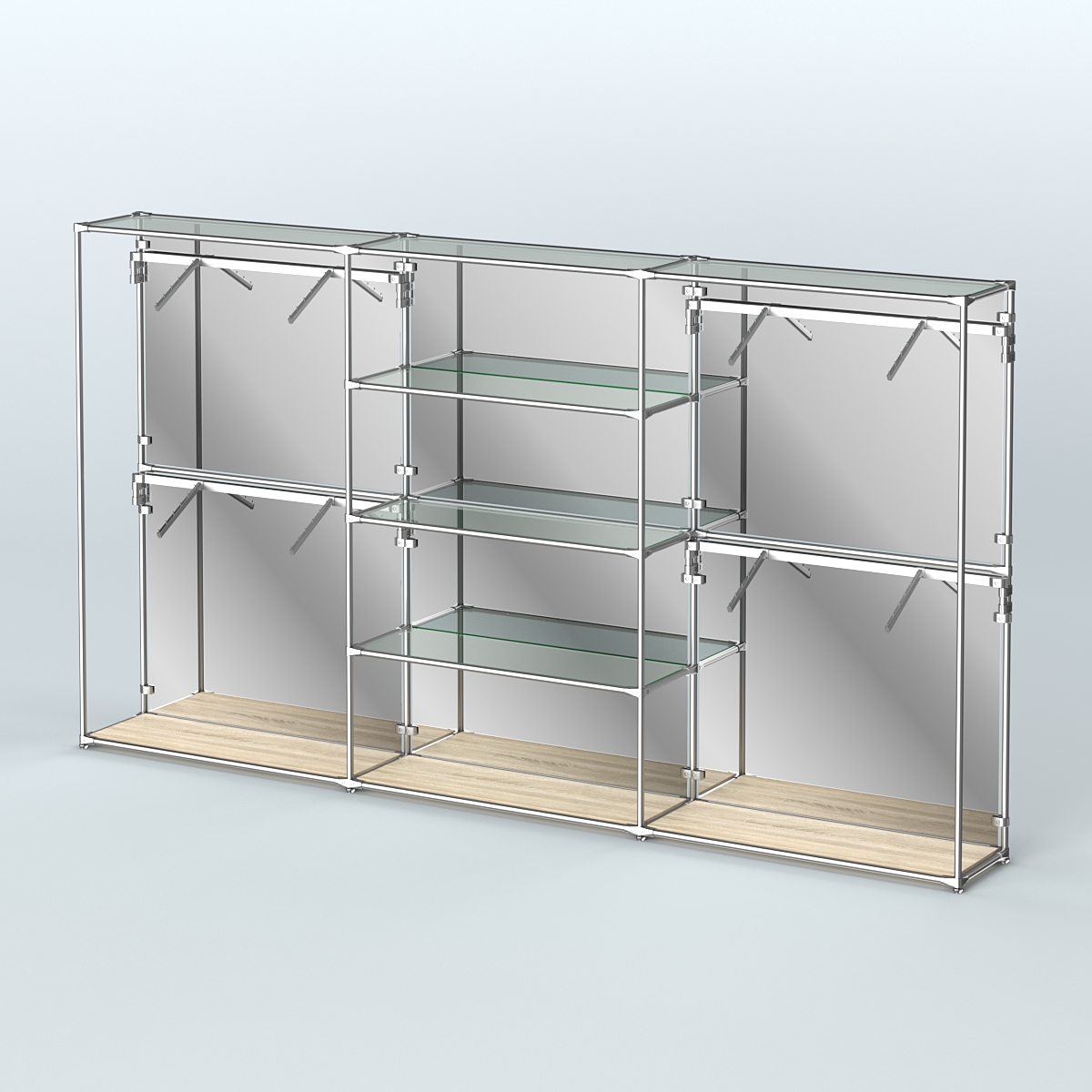 Торговая система ХРОМ (задняя стенка - зеркало) 3600 мм с прозрачными полками и поручнями №5 Дуб Сонома
