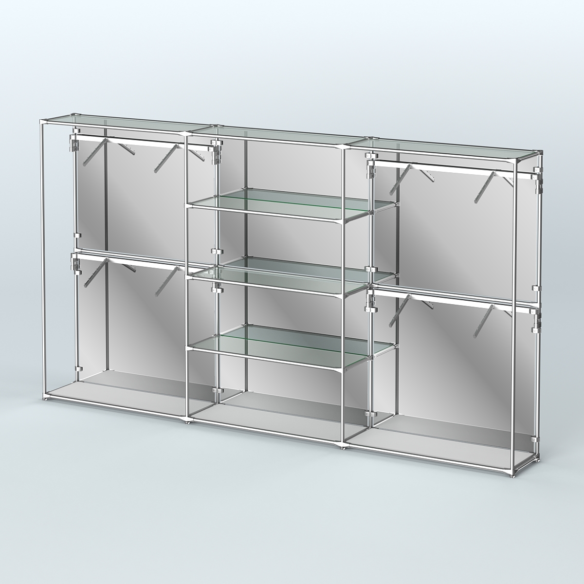 Торговая система ХРОМ (задняя стенка - зеркало) 3600 мм с прозрачными полками и поручнями №5 Серый