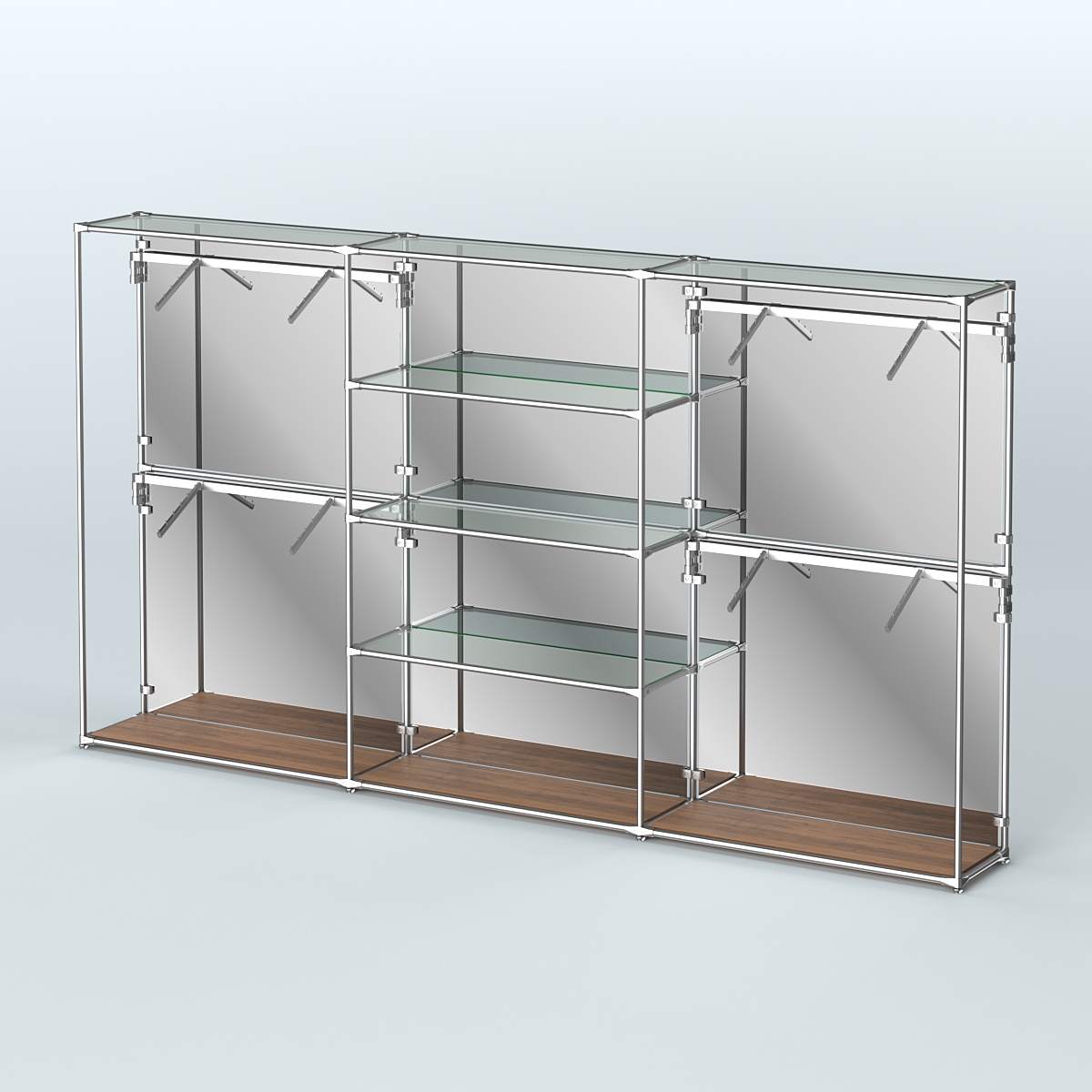 Торговая система ХРОМ (задняя стенка - зеркало) 3600 мм с прозрачными полками и поручнями №5 Орех