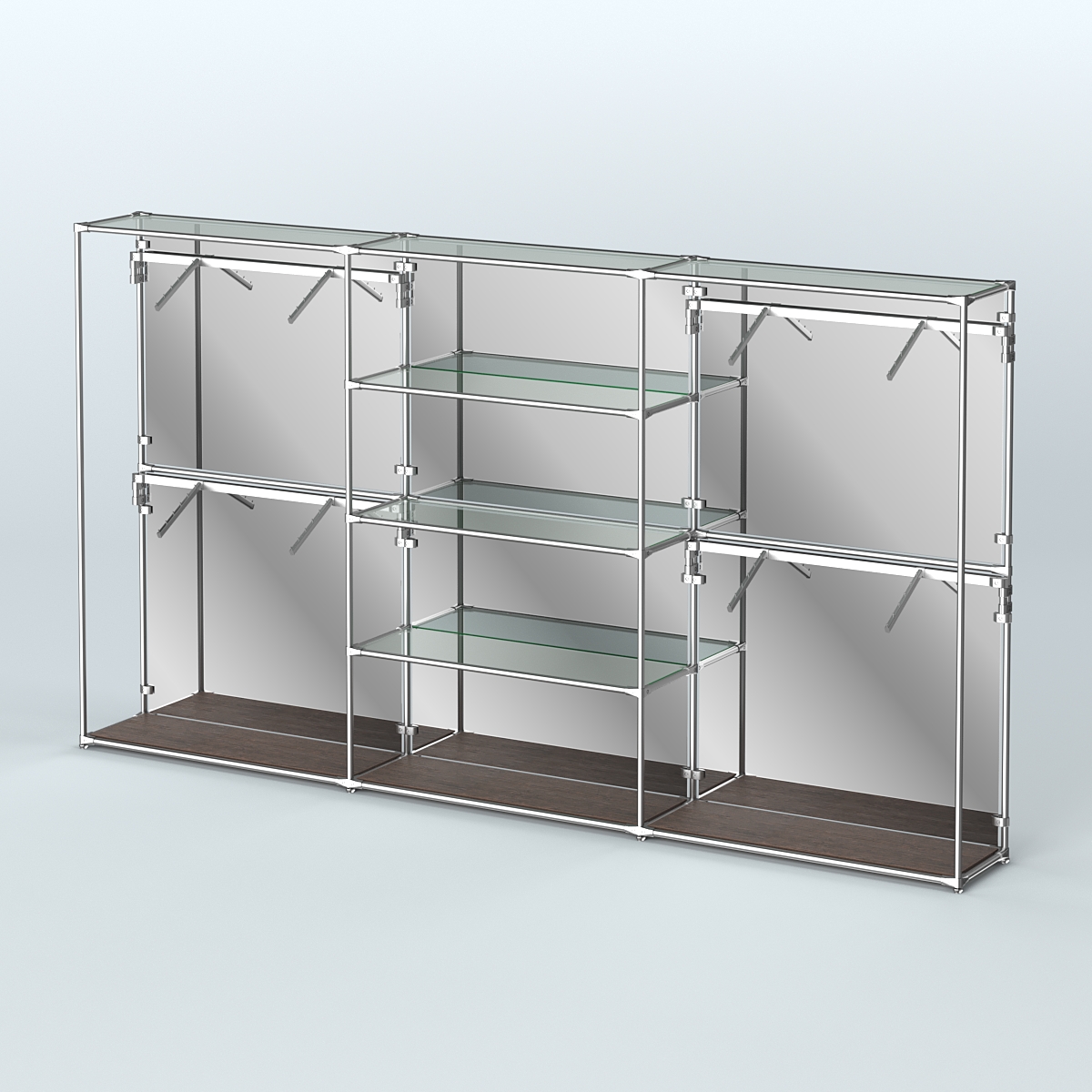 Торговая система ХРОМ (задняя стенка - зеркало) 3600 мм с прозрачными полками и поручнями №5 Дуб Венге