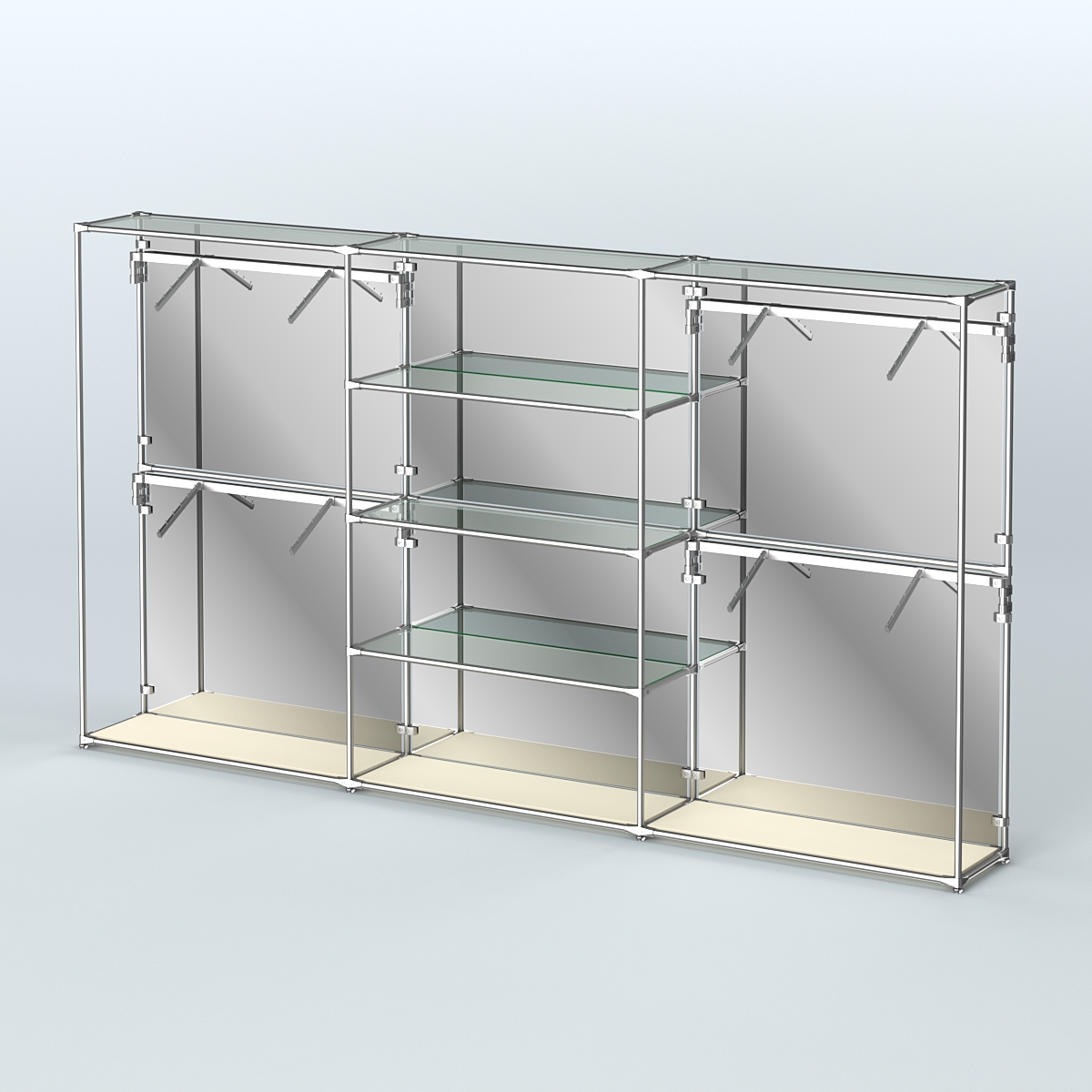 Торговая система ХРОМ (задняя стенка - зеркало) 3600 мм с прозрачными полками и поручнями №5 Крем Вайс