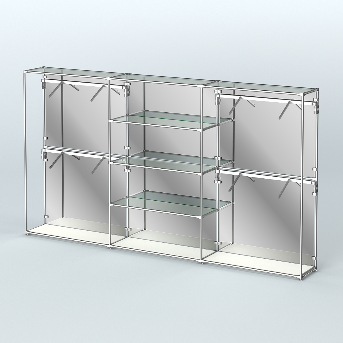 Торговая система ХРОМ (задняя стенка - зеркало) 3600 мм с прозрачными полками и поручнями №5 Белый