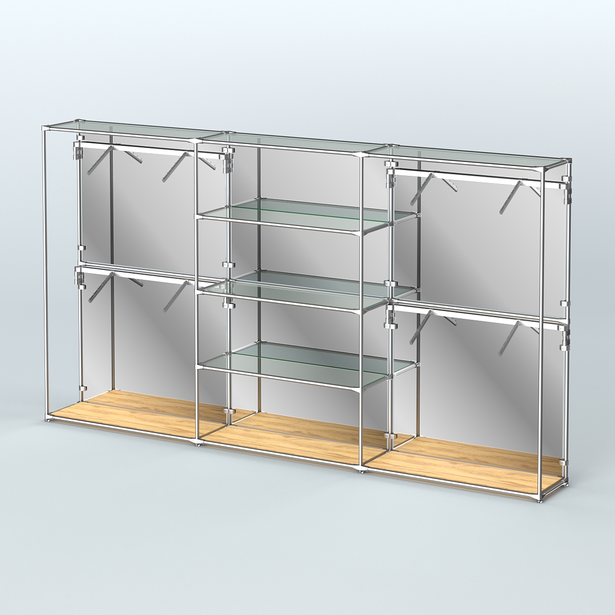 Торговая система ХРОМ (задняя стенка - зеркало) 3600 мм с прозрачными полками и поручнями №5 Дуб Золотистый