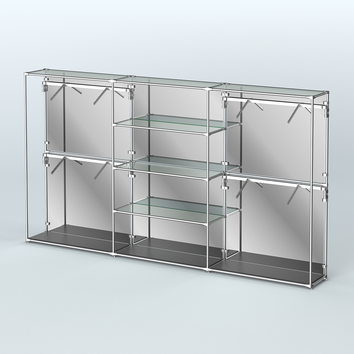 Торговая система ХРОМ (задняя стенка - зеркало) 3600 мм с прозрачными полками и поручнями №5 Черный