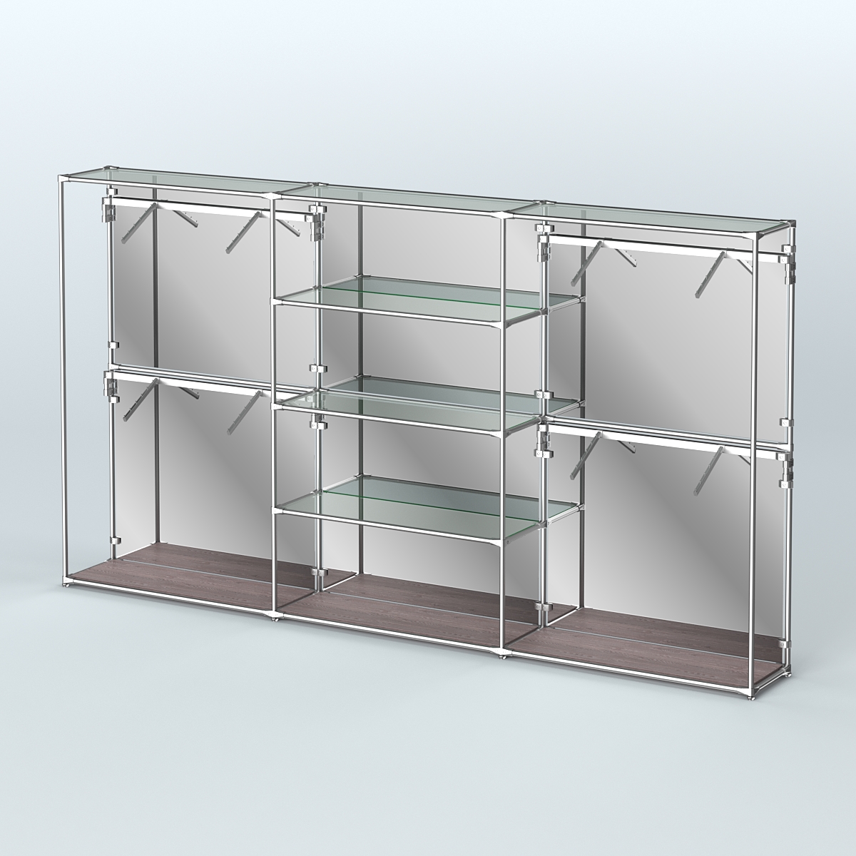 Торговая система ХРОМ (задняя стенка - зеркало) 3600 мм с прозрачными полками и поручнями №5 Ясень Анкор темный