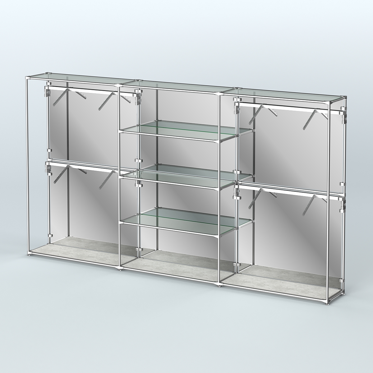 Торговая система ХРОМ (задняя стенка - зеркало) 3600 мм с прозрачными полками и поручнями №5 Метрополитан Грей