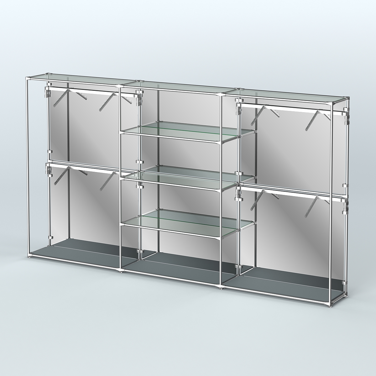 Торговая система ХРОМ (задняя стенка - зеркало) 3600 мм с прозрачными полками и поручнями №5 Темно-Серый