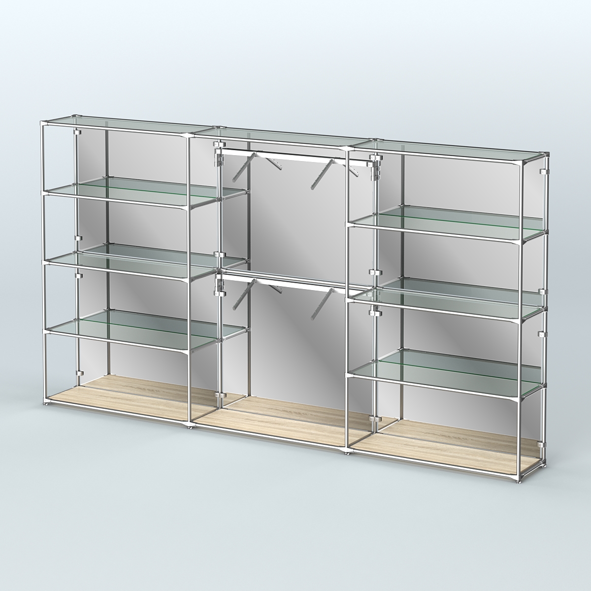 Торговая система ХРОМ (задняя стенка - зеркало) 3600 мм с прозрачными полками и поручнями №6 Дуб Сонома