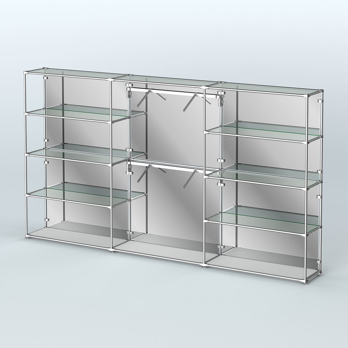 Торговая система ХРОМ (задняя стенка - зеркало) 3600 мм с прозрачными полками и поручнями №6 Серый