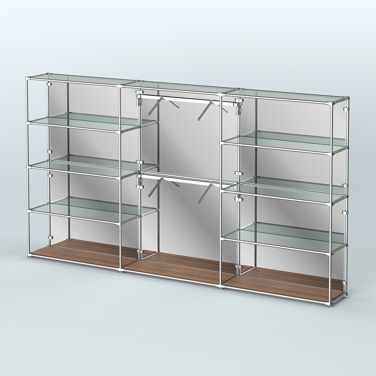 Торговая система ХРОМ (задняя стенка - зеркало) 3600 мм с прозрачными полками и поручнями №6 Орех