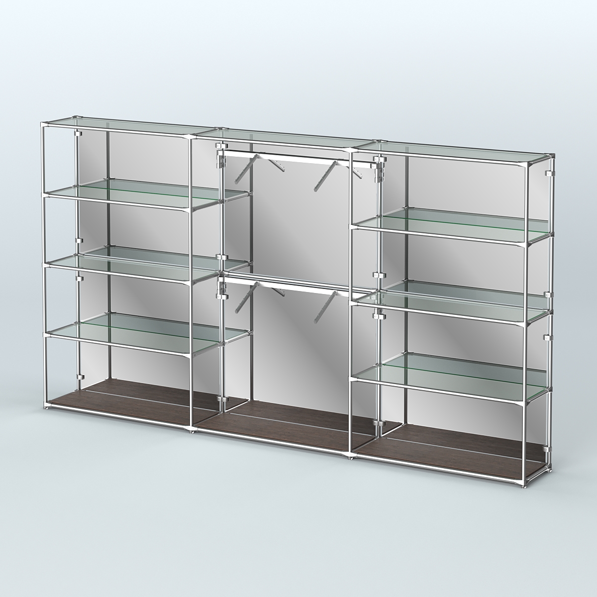 Торговая система ХРОМ (задняя стенка - зеркало) 3600 мм с прозрачными полками и поручнями №6 Дуб Венге
