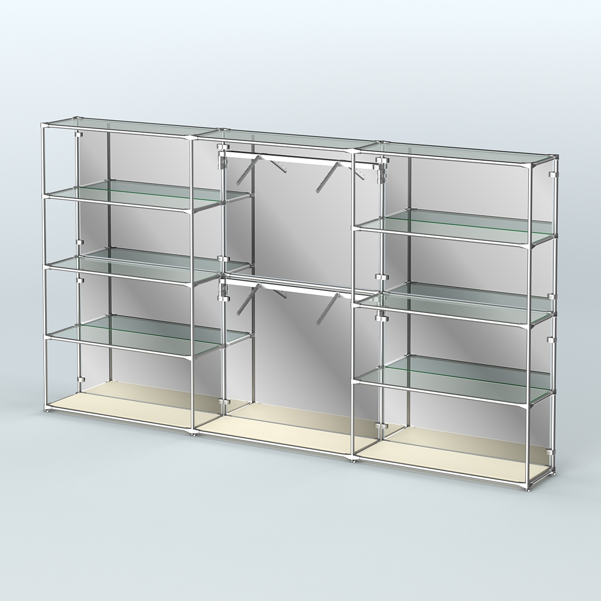 Торговая система ХРОМ (задняя стенка - зеркало) 3600 мм с прозрачными полками и поручнями №6 Крем Вайс