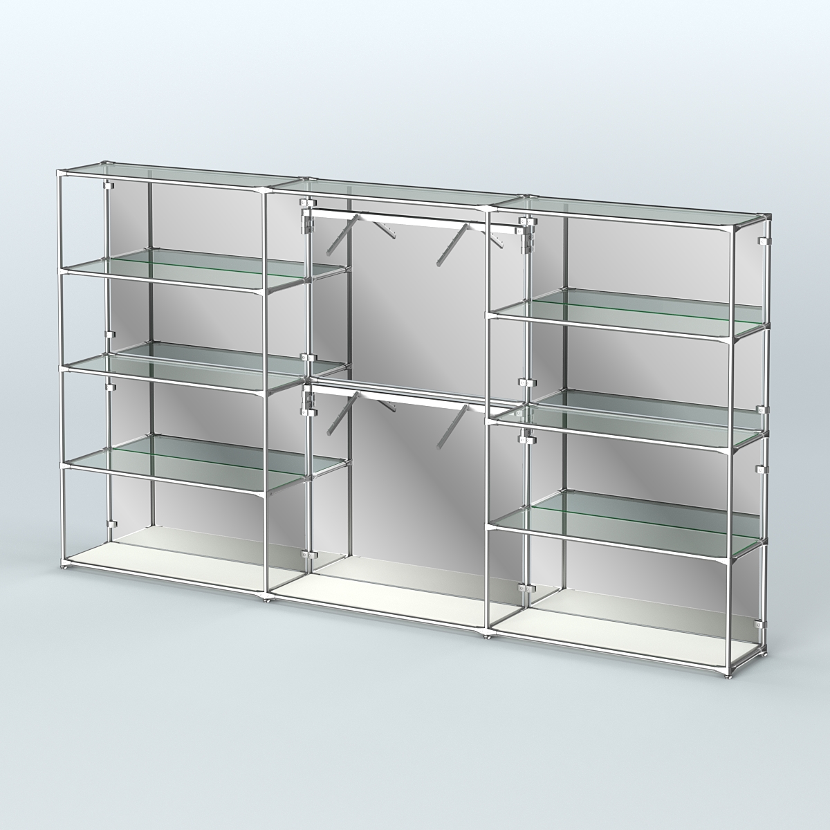 Торговая система ХРОМ (задняя стенка - зеркало) 3600 мм с прозрачными полками и поручнями №6 Белый