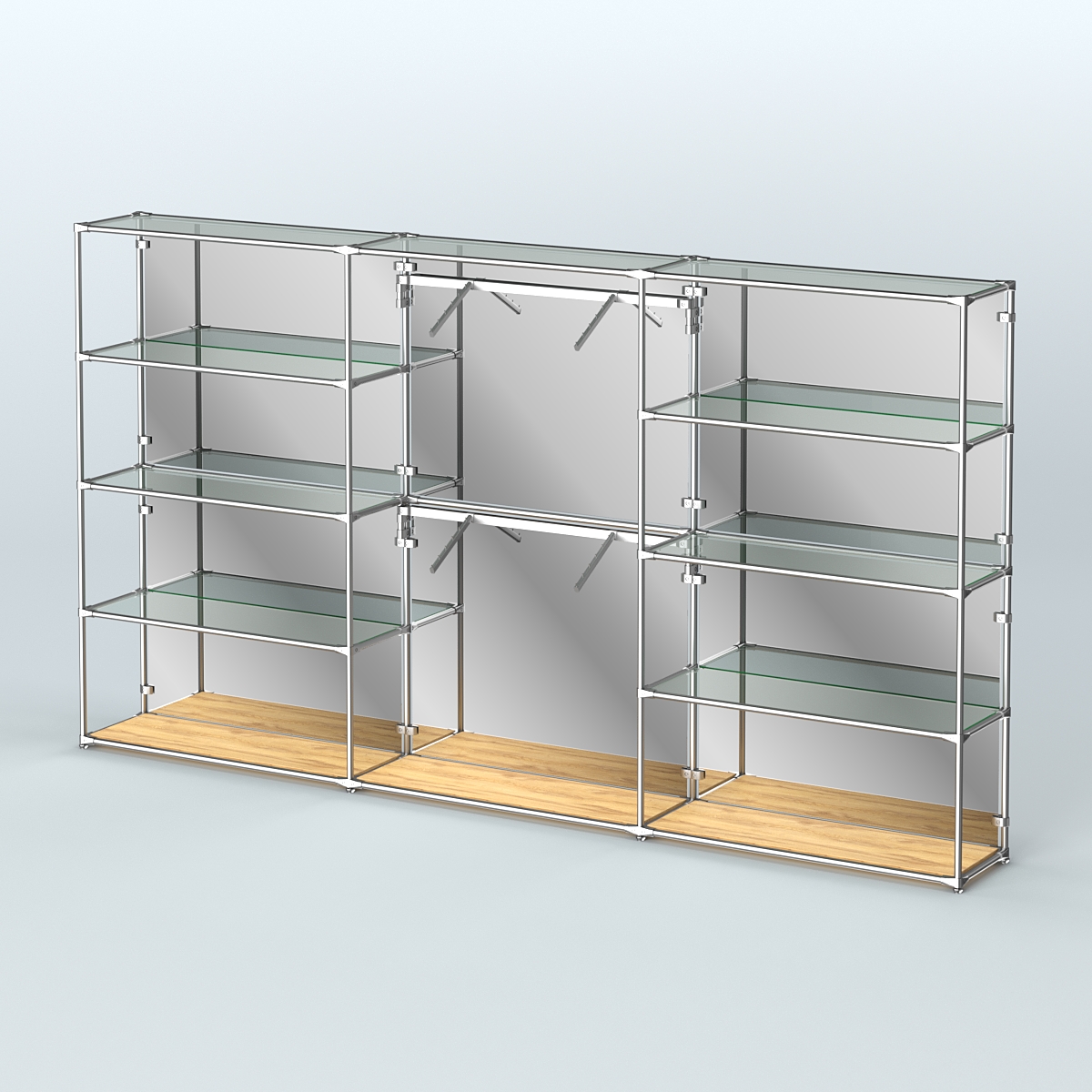 Торговая система ХРОМ (задняя стенка - зеркало) 3600 мм с прозрачными полками и поручнями №6 Дуб Золотистый