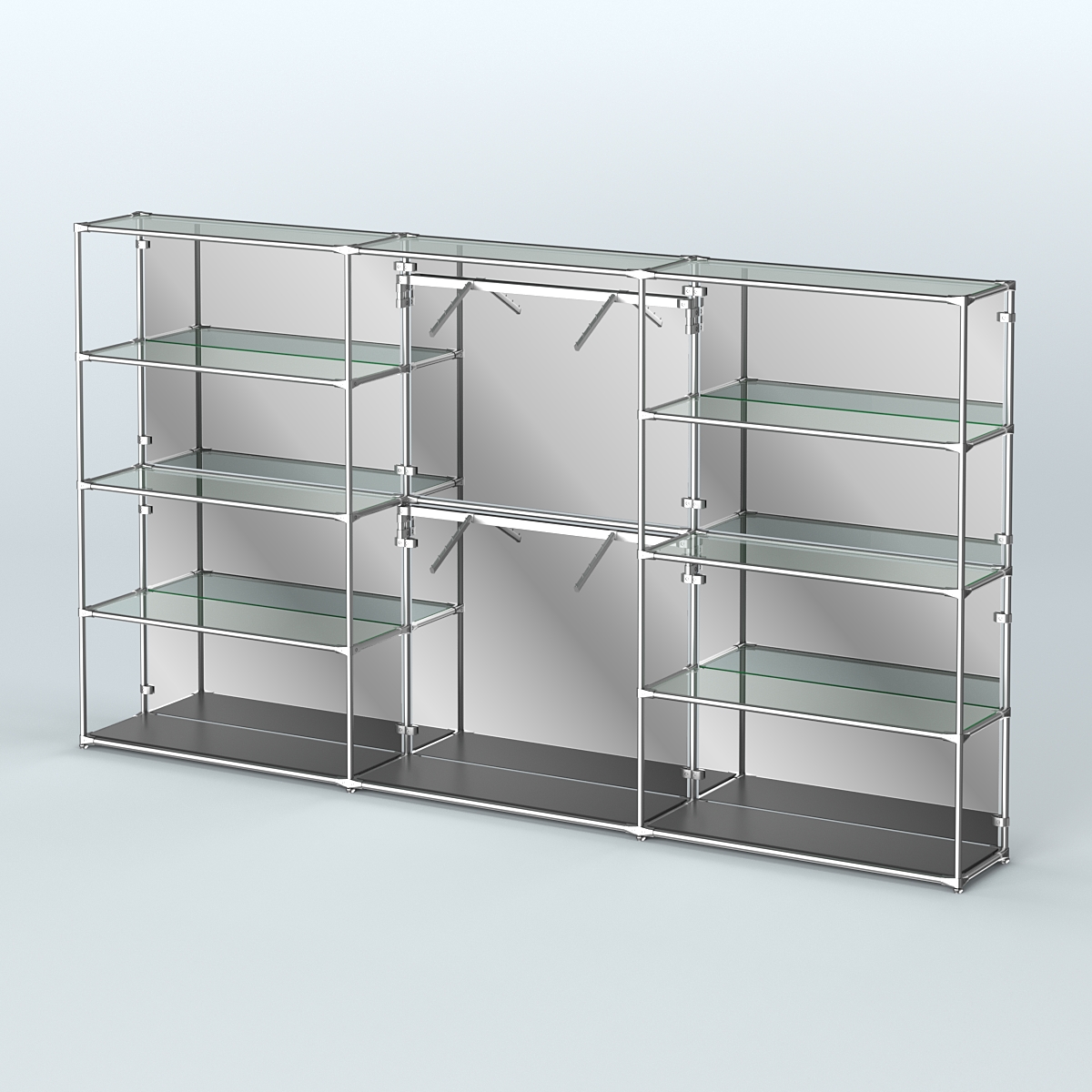 Торговая система ХРОМ (задняя стенка - зеркало) 3600 мм с прозрачными полками и поручнями №6 Черный