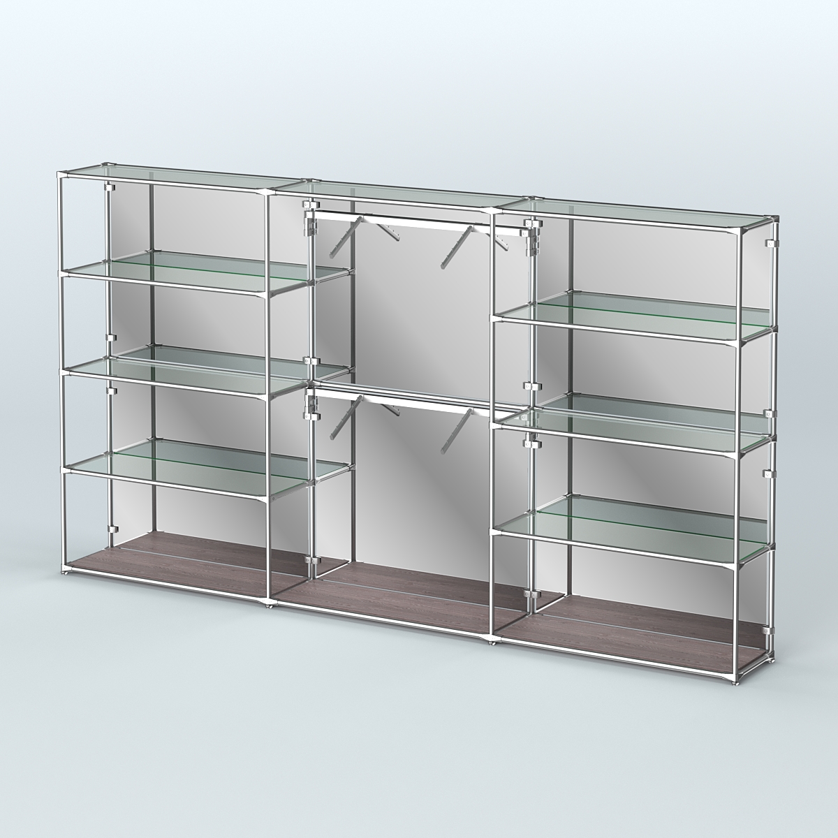 Торговая система ХРОМ (задняя стенка - зеркало) 3600 мм с прозрачными полками и поручнями №6 Ясень Анкор темный