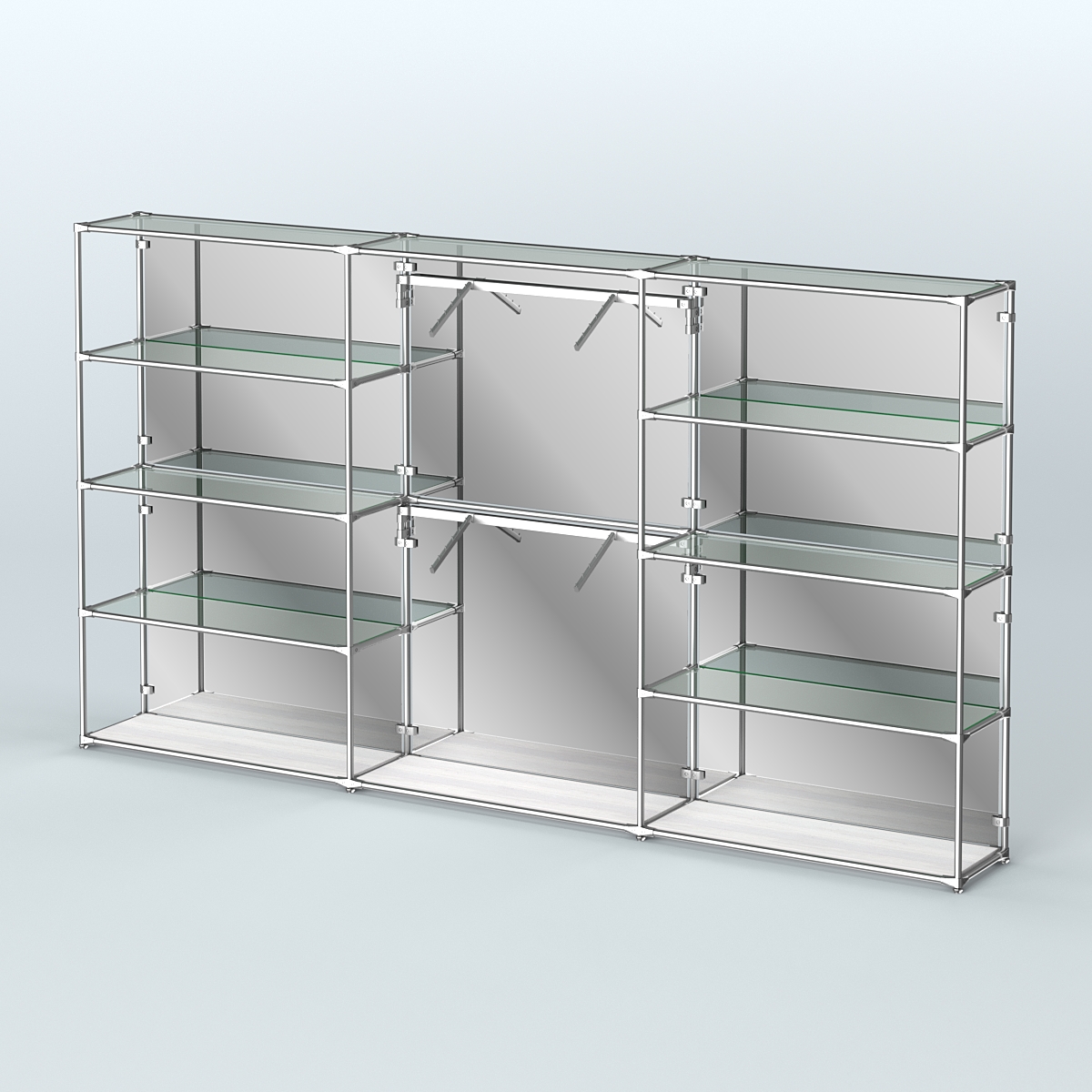 Торговая система ХРОМ (задняя стенка - зеркало) 3600 мм с прозрачными полками и поручнями №6 Ясень Анкор светлый