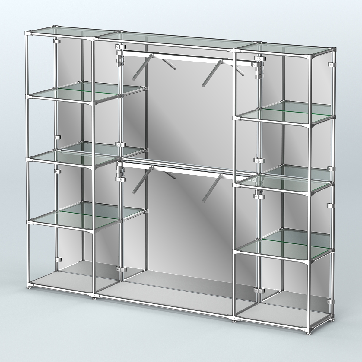 Торговая система ХРОМ (задняя стенка - зеркало) 2430 мм с прозрачными полками и поручнями №7 Серый