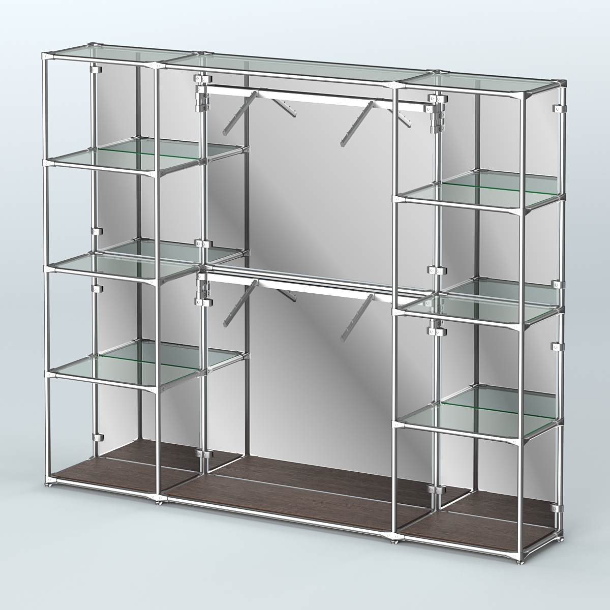 Торговая система ХРОМ (задняя стенка - зеркало) 2430 мм с прозрачными полками и поручнями №7 Дуб Венге