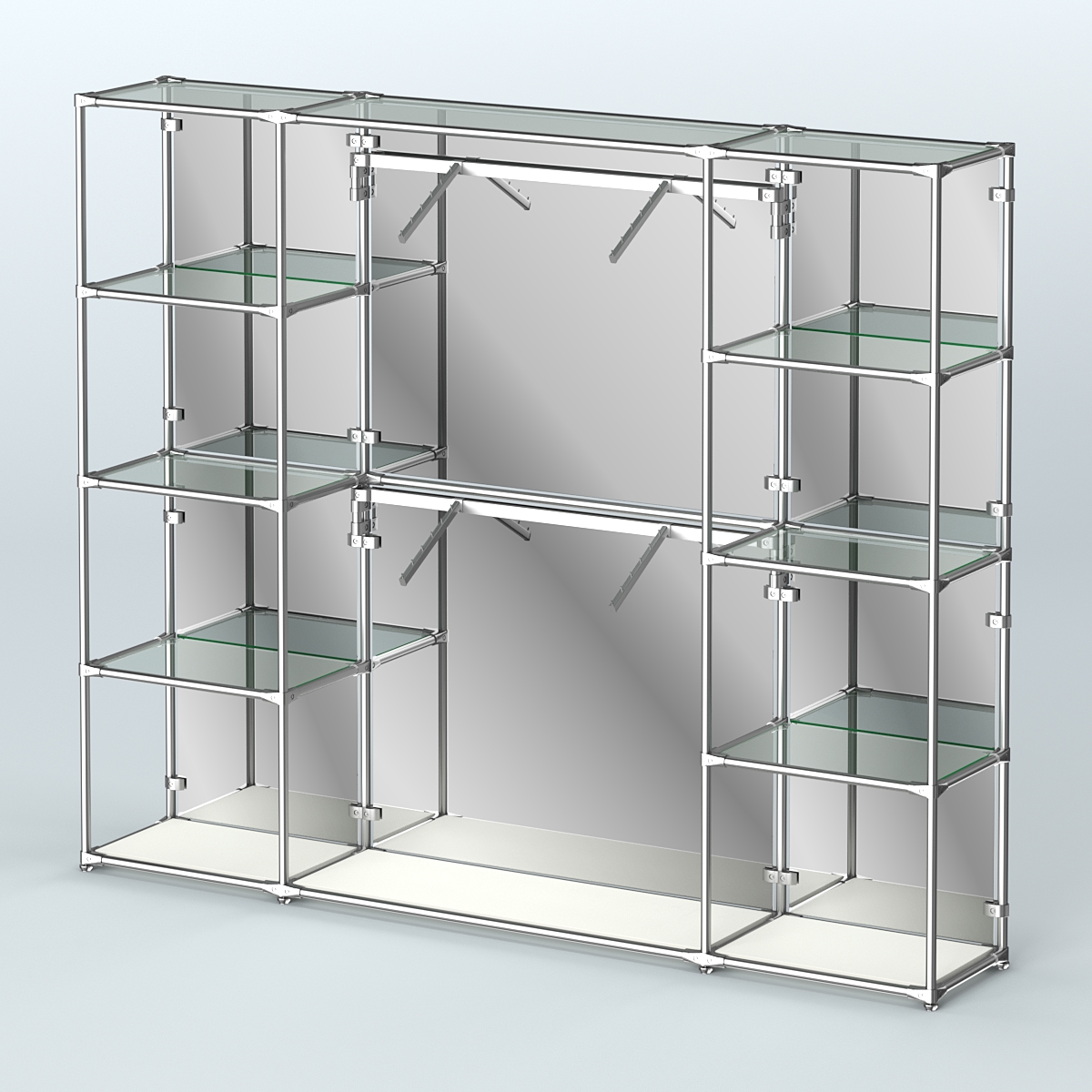 Торговая система ХРОМ (задняя стенка - зеркало) 2430 мм с прозрачными полками и поручнями №7 Белый